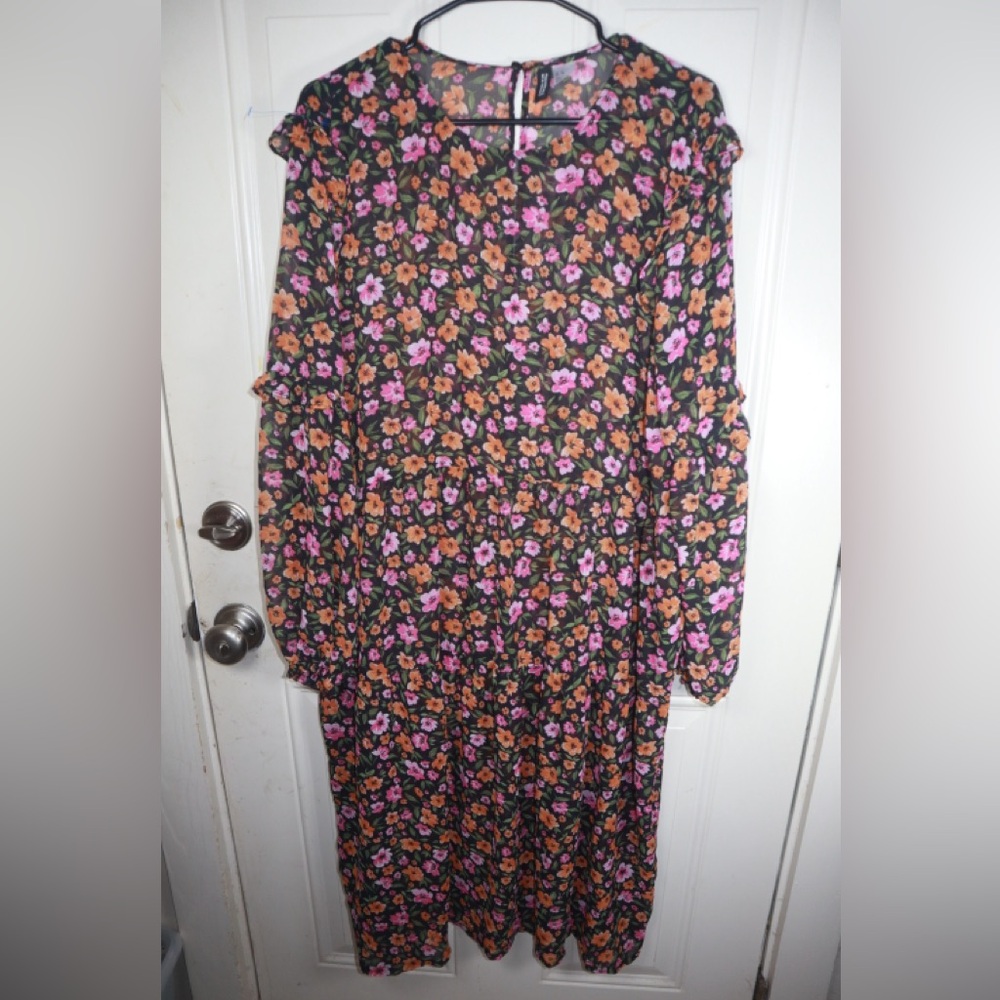 H&M Dress Black Floral Pink Orange Maxi Ruffle Tiered Layered Peasant SIZE XL